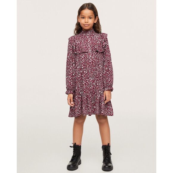 NWOT Mango Kids Burgundy Flower Print Long Sleeve Dress Girls Sz 9 Ruffled - Picture 1 of 9